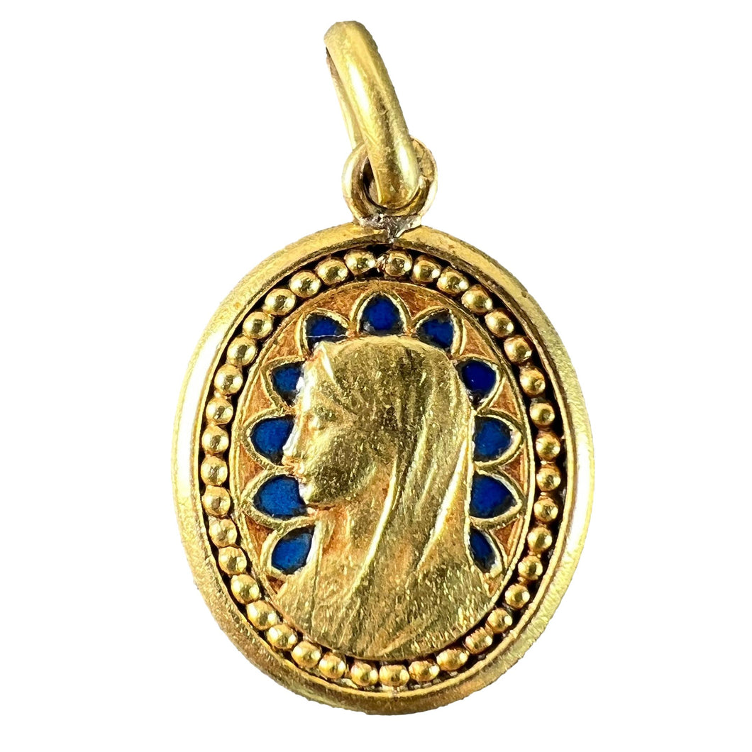 French Dropsy Virgin Mary Blue Enamel 18K Yellow Gold Religious Pendant Medal