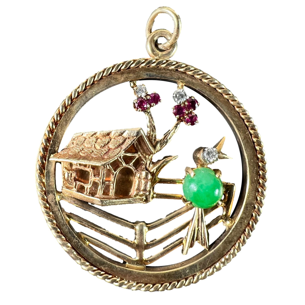 Large Vintage Bird Home Sweet Home 14K Yellow Gold Diamond Ruby Jade Charm Pendant
