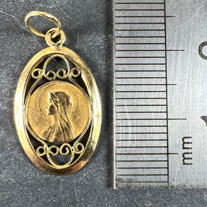 French Virgin Mary 18K Yellow Gold Filigree Charm Pendant Medal