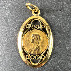 French Virgin Mary 18K Yellow Gold Filigree Charm Pendant Medal