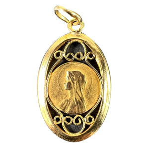 French Virgin Mary 18K Yellow Gold Filigree Charm Pendant Medal