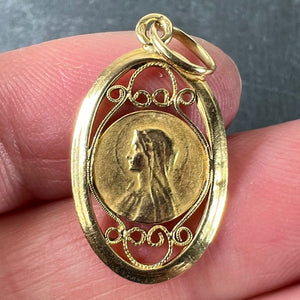 French Virgin Mary 18K Yellow Gold Filigree Charm Pendant Medal