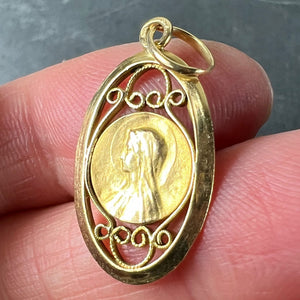 French Virgin Mary 18K Yellow Gold Filigree Charm Pendant Medal