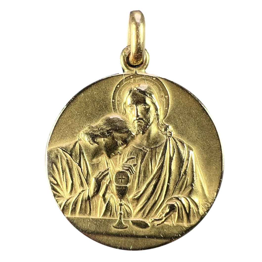 Large French Religious Jesus Christ Holy Communion 18K Yellow Gold Medal Pendant