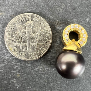 Vintage 18K Yellow Gold Tahitian Black Pearl Diamond Pendant