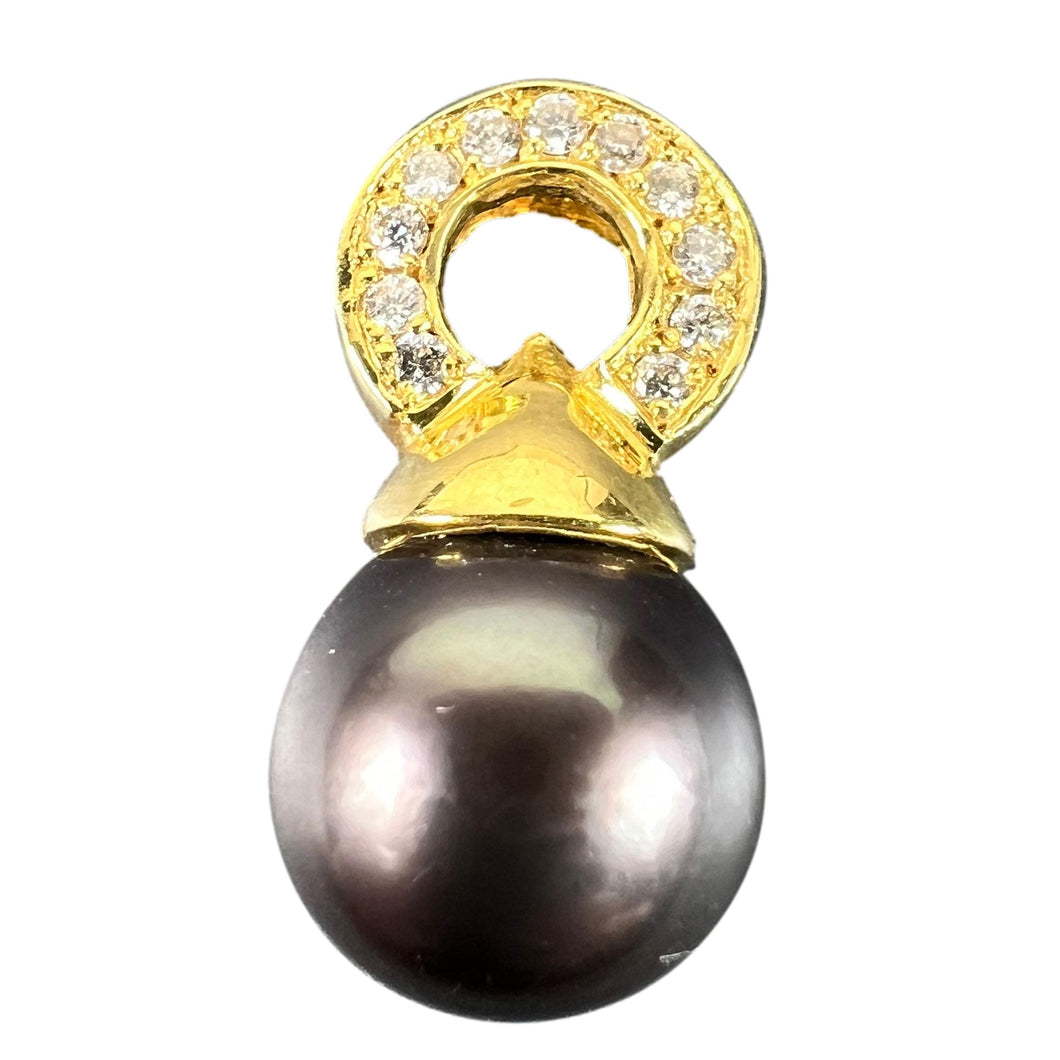 Vintage 18K Yellow Gold Tahitian Black Pearl Diamond Pendant