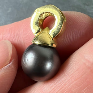 Vintage 18K Yellow Gold Tahitian Black Pearl Diamond Pendant