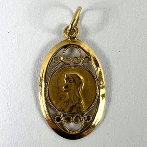 French Virgin Mary 18K Yellow Gold Filigree Charm Pendant Medal