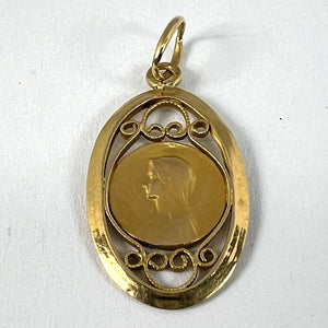 French Virgin Mary 18K Yellow Gold Filigree Charm Pendant Medal