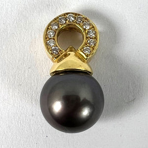 Vintage 18K Yellow Gold Tahitian Black Pearl Diamond Pendant