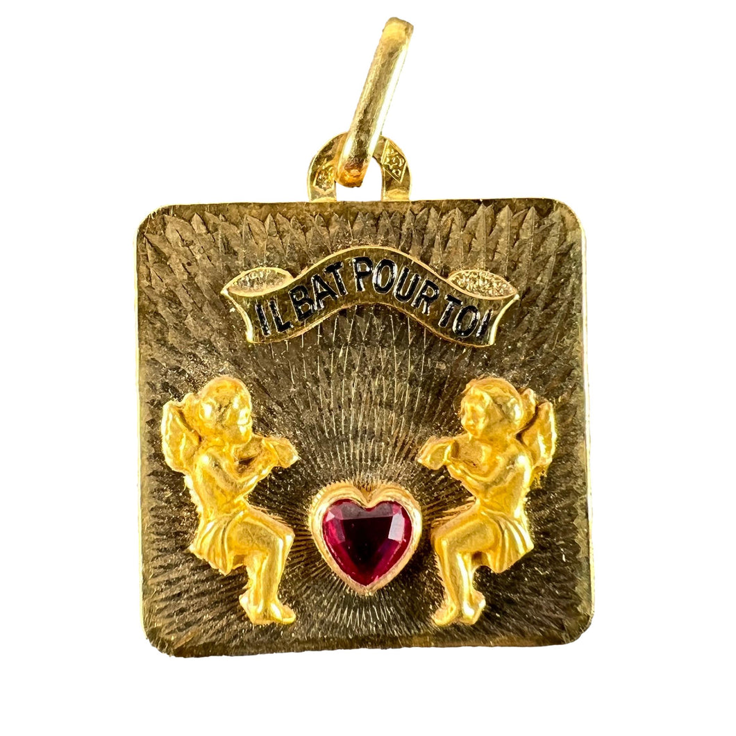 French Il Bat Pour Toi My Heart Beats For You 18K Yellow Gold Ruby Love Pendant