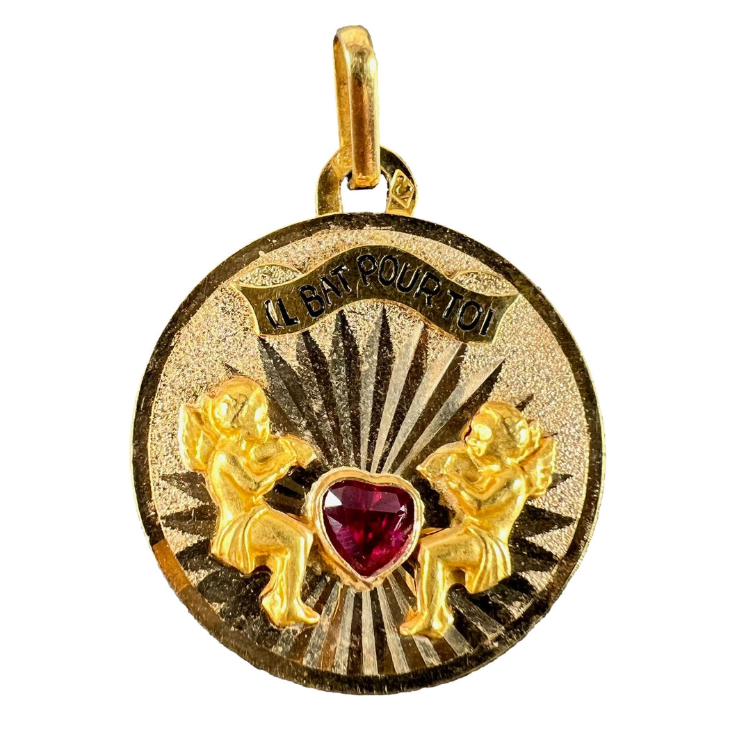 French My Heart Beats For You Il Bat Pour Toi 18K Yellow Gold Ruby Love Pendant