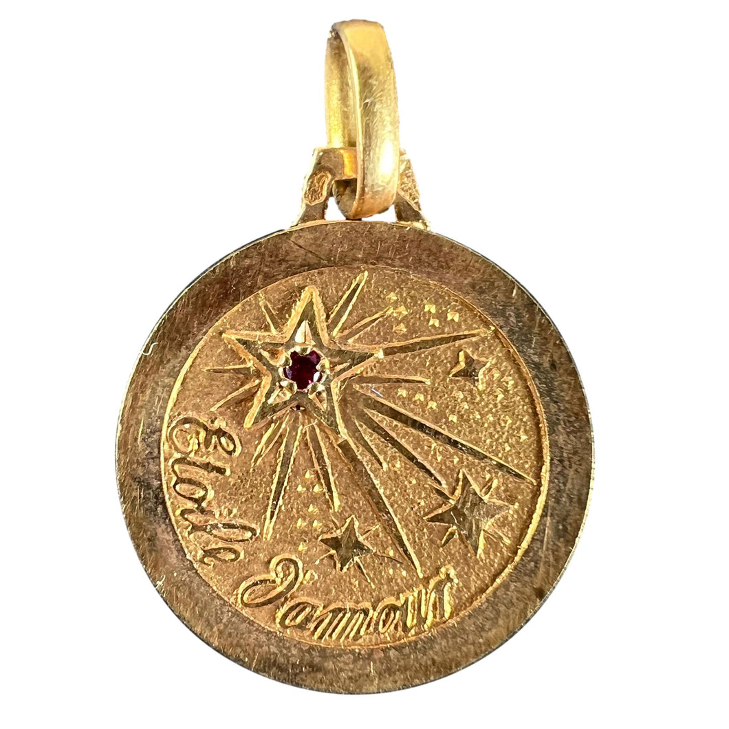 Vintage French Lucky Star of Love 18K Yellow Gold Ruby Charm Pendant