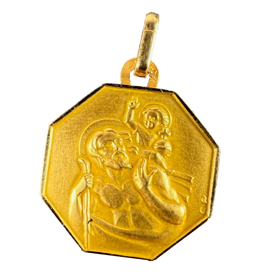 Vintage French Perroud Saint Christopher 18K Yellow Gold Octagonal Medal Pendant