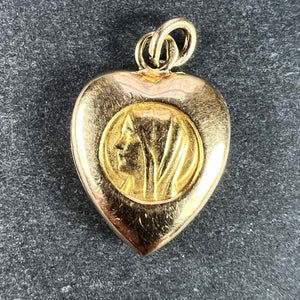 French Puffy Heart Virgin Mary 18K Yellow Gold Charm Pendant