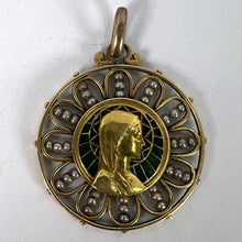 Load image into Gallery viewer, Antique French Virgin Mary 18K Yellow Gold Plique-a-Jour Enamel Pearl Pendant Medal
