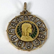Load image into Gallery viewer, Antique French Virgin Mary 18K Yellow Gold Plique-a-Jour Enamel Pearl Pendant Medal
