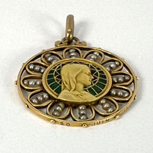Load image into Gallery viewer, Antique French Virgin Mary 18K Yellow Gold Plique-a-Jour Enamel Pearl Pendant Medal
