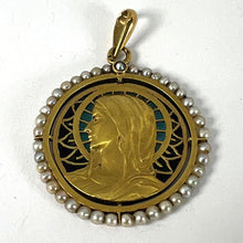 Load image into Gallery viewer, Antique French Virgin Mary 18K Yellow Gold Plique-a-Jour Enamel Pearl Pendant Medal
