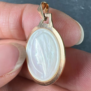French Virgin Mary Mother of Pearl 18K Yellow Gold Charm Pendant