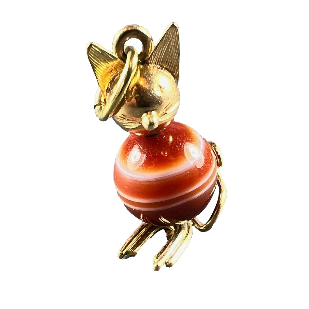 Vintage 18K Yellow Gold Banded Agate Bead Cat Charm Pendant