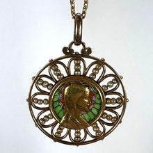 Load image into Gallery viewer, Antique French Virgin Mary 18K Yellow Gold Plique-a-Jour Enamel Pearl Pendant Medal
