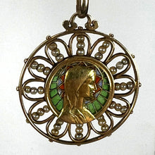 Load image into Gallery viewer, Antique French Virgin Mary 18K Yellow Gold Plique-a-Jour Enamel Pearl Pendant Medal

