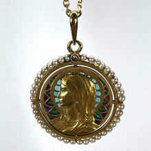 Load image into Gallery viewer, Antique French Virgin Mary 18K Yellow Gold Plique-a-Jour Enamel Pearl Pendant Medal

