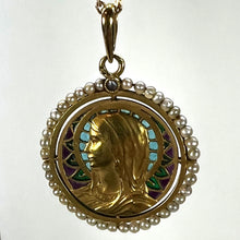 Load image into Gallery viewer, Antique French Virgin Mary 18K Yellow Gold Plique-a-Jour Enamel Pearl Pendant Medal
