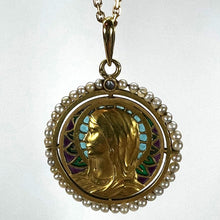 Load image into Gallery viewer, Antique French Virgin Mary 18K Yellow Gold Plique-a-Jour Enamel Pearl Pendant Medal
