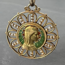 Load image into Gallery viewer, Antique French Virgin Mary 18K Yellow Gold Plique-a-Jour Enamel Pearl Pendant Medal
