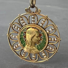 Load image into Gallery viewer, Antique French Virgin Mary 18K Yellow Gold Plique-a-Jour Enamel Pearl Pendant Medal
