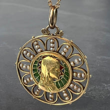 Load image into Gallery viewer, Antique French Virgin Mary 18K Yellow Gold Plique-a-Jour Enamel Pearl Pendant Medal
