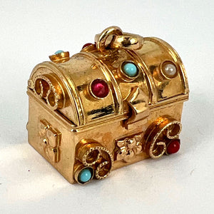 French Mechanical Treasure Chest 18K Yellow Gold Gem Set Charm Pendant