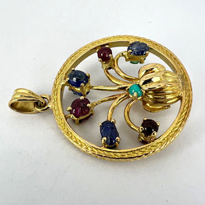Double Sided Flower Vase 18K Yellow Gold Carved Sapphire Ruby Emerald Pendant