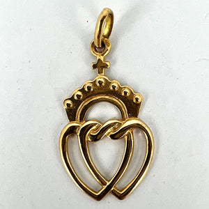 French Intertwined Crowned Sacred Hearts 18K Yellow Gold Charm Pendant