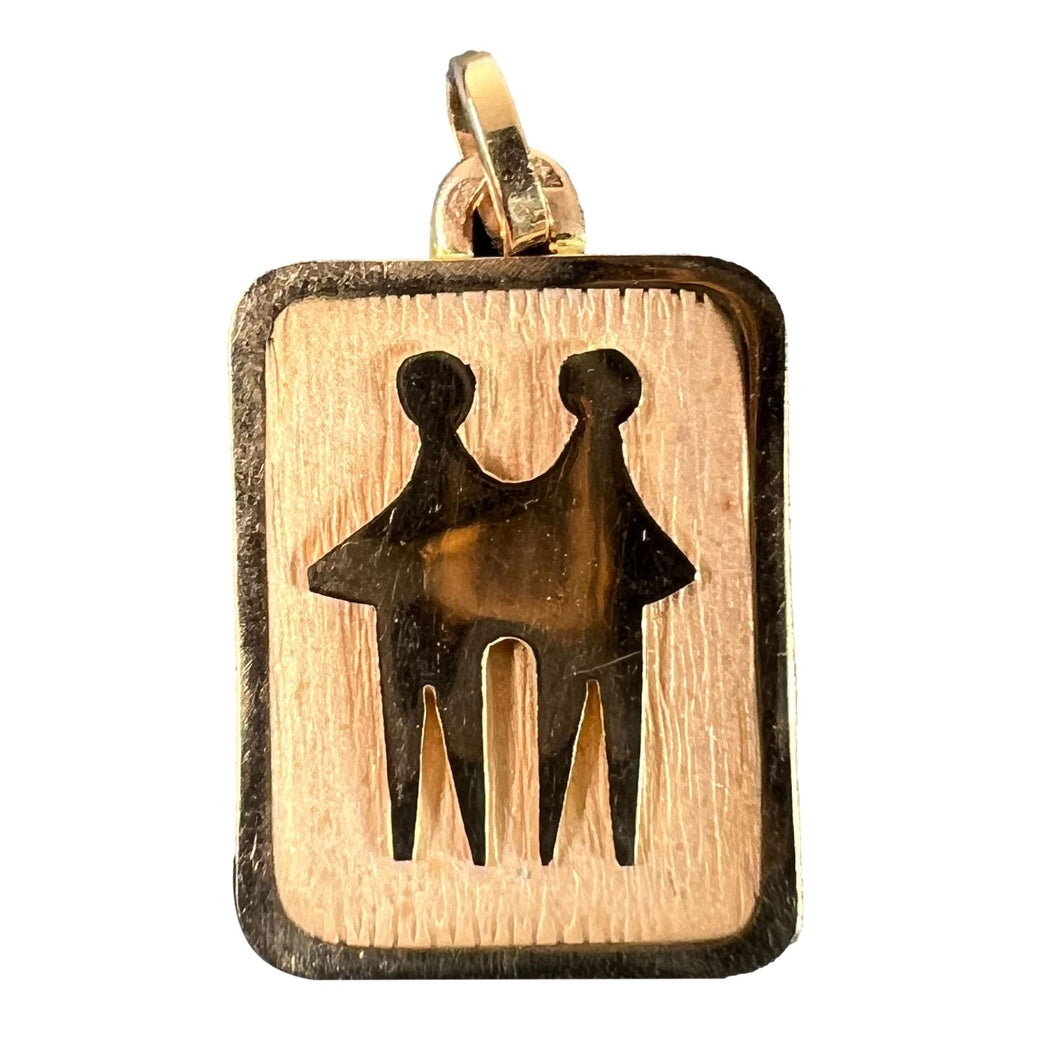 French Gemini Starsign Zodiac 18K Yellow Gold Charm Medal Pendant