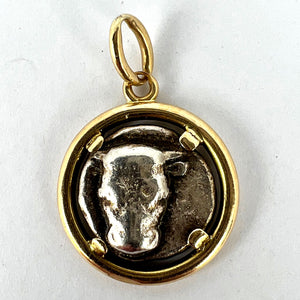 Ancient Silver Bull Head and Artemis Greek Coin in 18K Yellow Gold Frame Pendant