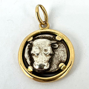 Ancient Silver Bull Head and Artemis Greek Coin in 18K Yellow Gold Frame Pendant