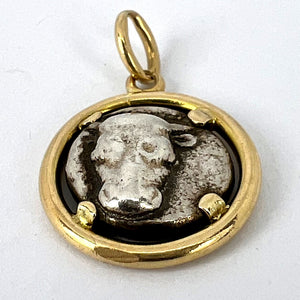 Ancient Silver Bull Head and Artemis Greek Coin in 18K Yellow Gold Frame Pendant