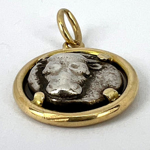 Ancient Silver Bull Head and Artemis Greek Coin in 18K Yellow Gold Frame Pendant