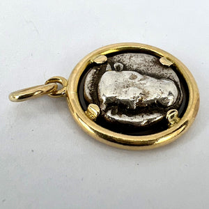 Ancient Silver Bull Head and Artemis Greek Coin in 18K Yellow Gold Frame Pendant