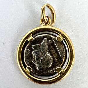 Ancient Silver Bull Head and Artemis Greek Coin in 18K Yellow Gold Frame Pendant