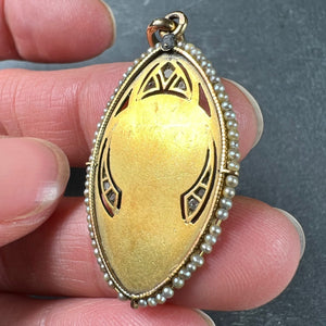 Antique Virgin Mary 18K Yellow Gold Pearl Diamond Medal Pendant