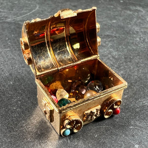 French Mechanical Treasure Chest 18K Yellow Gold Gem Set Charm Pendant
