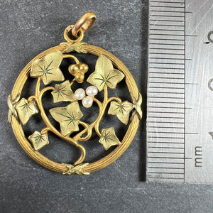 French Ivy Leaves Rolled 18K Yellow Rose White Gold Seed Pearl Charm Pendant