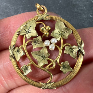 French Ivy Leaves Rolled 18K Yellow Rose White Gold Seed Pearl Charm Pendant