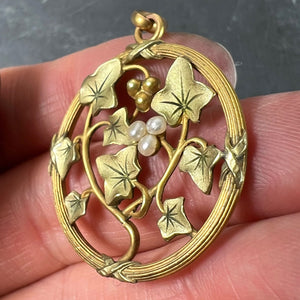 French Ivy Leaves Rolled 18K Yellow Rose White Gold Seed Pearl Charm Pendant