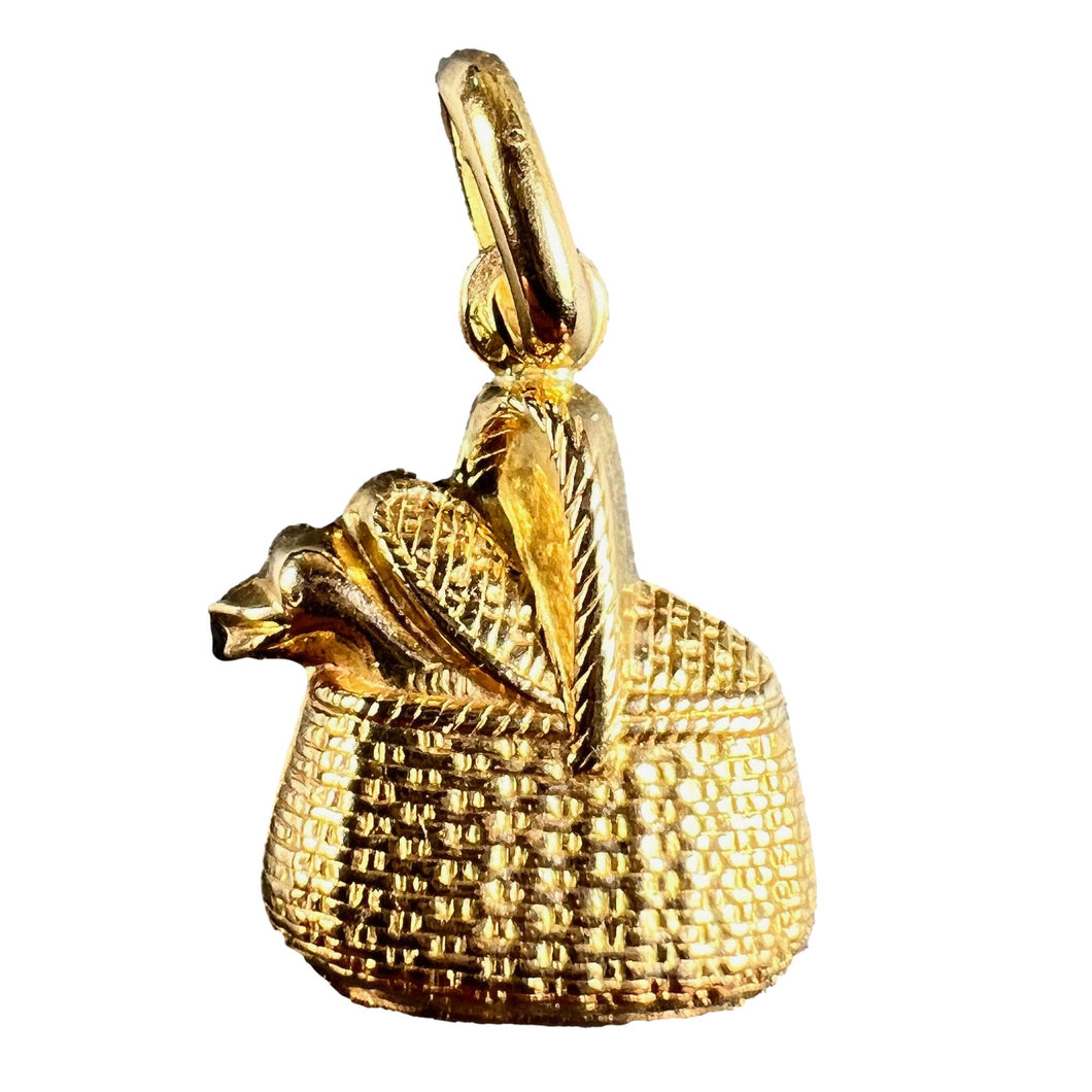 French 18K Yellow Gold Bird in Picnic Basket Charm Pendant