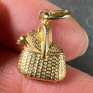 French 18K Yellow Gold Bird in Picnic Basket Charm Pendant